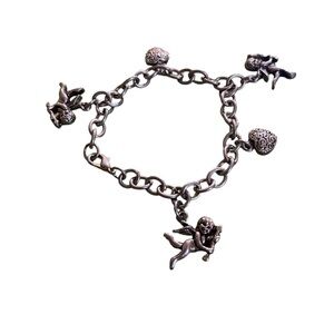 New! Silver Charm Bracelet with Cupid & Hearts Pendants